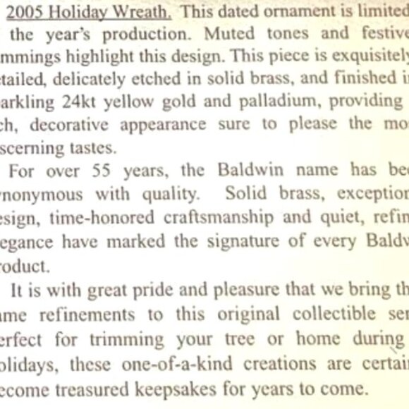 2005 HOLIDAY WREATH 77178.01 Baldwin Brass Annual Edition Christmas Ornament - Picture 7 of 7